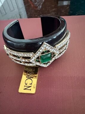 Black Resin Cuff Bracelet with Emerald Green Crystal Accent